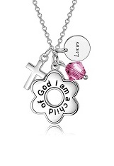 nice silver customizable hot pink cross baby birthstone necklace